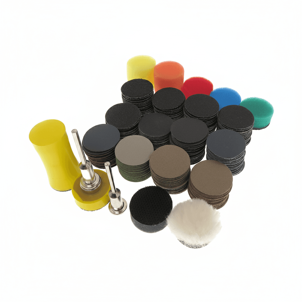 1-inch wet/dry sanding discs, 191 pieces with a 3mm shank sander backing pad for polishing.