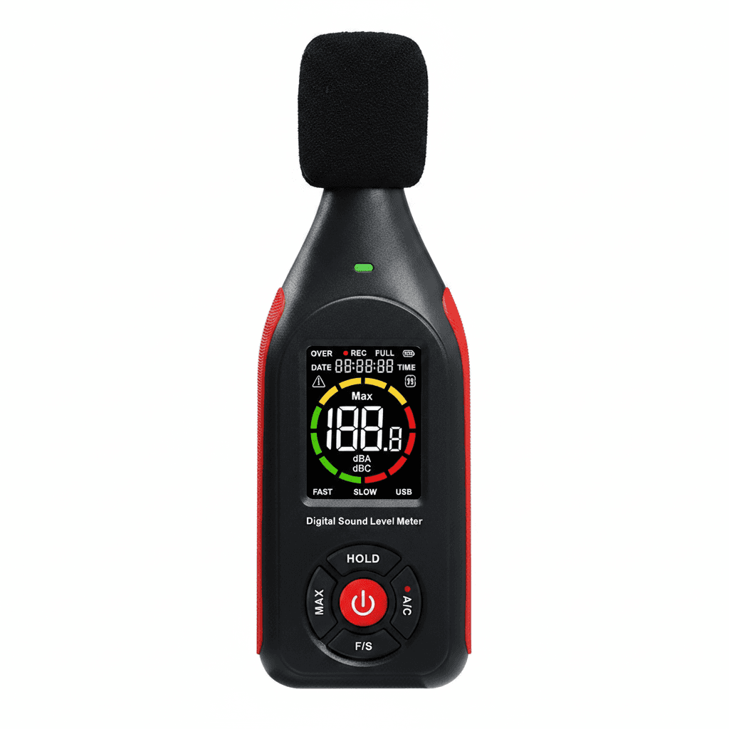 Decibel meter, a handheld device with a display and microphone.