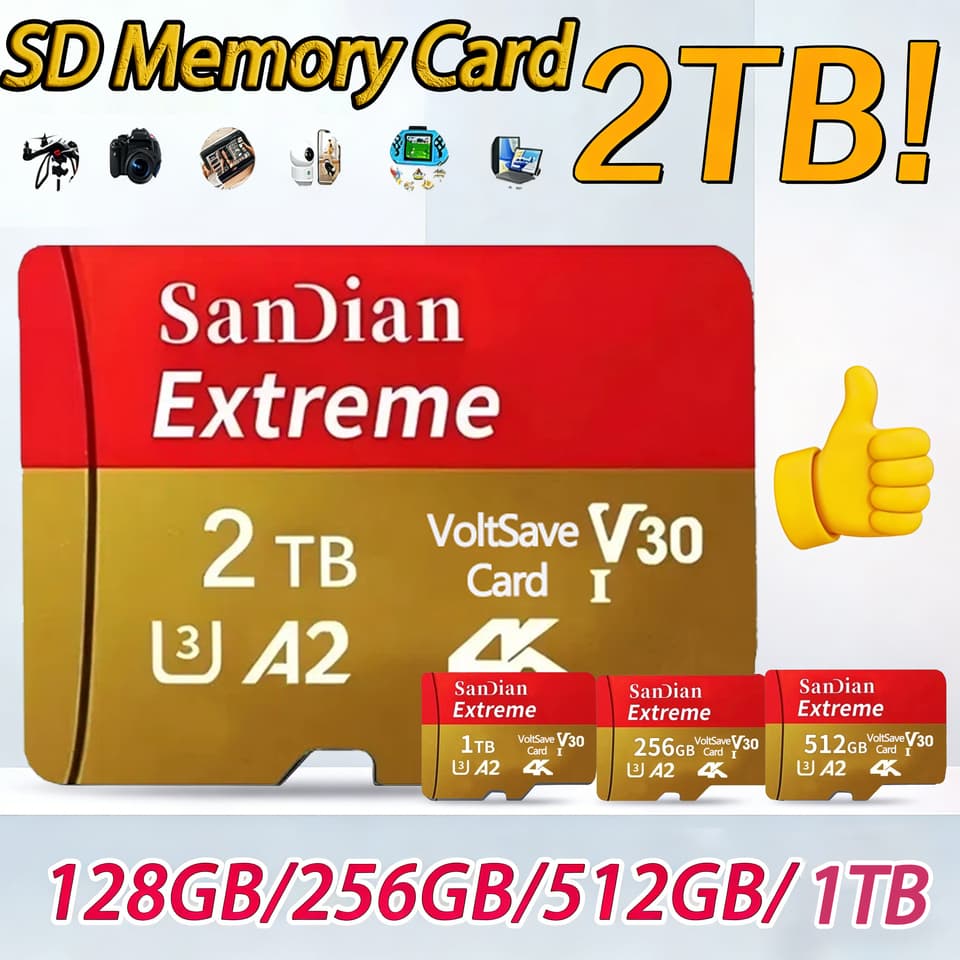 High-speed Class 10 micro SD card with 512GB capacity, includes a USB adapter for mobile phones and laptops.