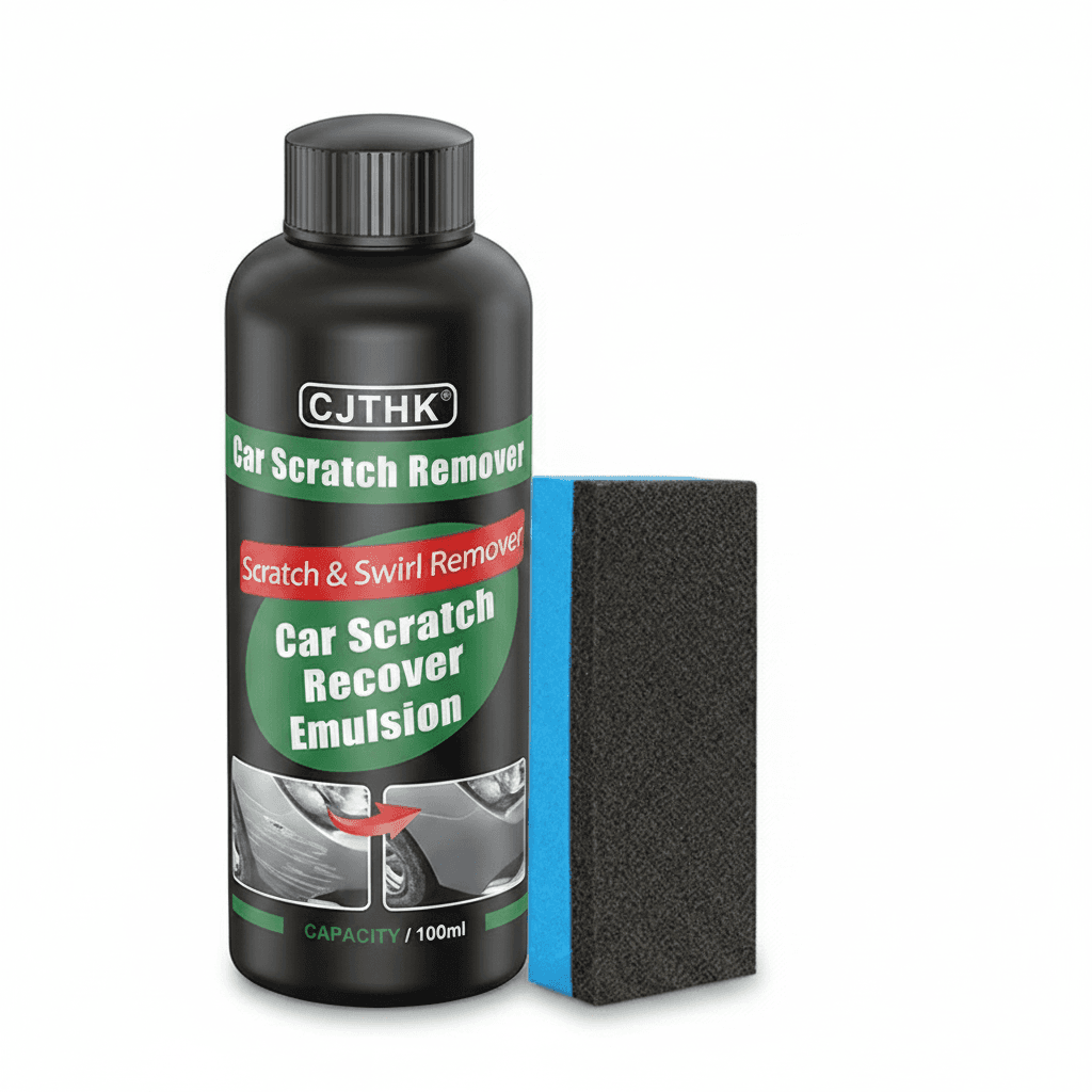 Car scratch remover kit, including a bottle of polishing compound and a sponge applicator, for auto body repair.