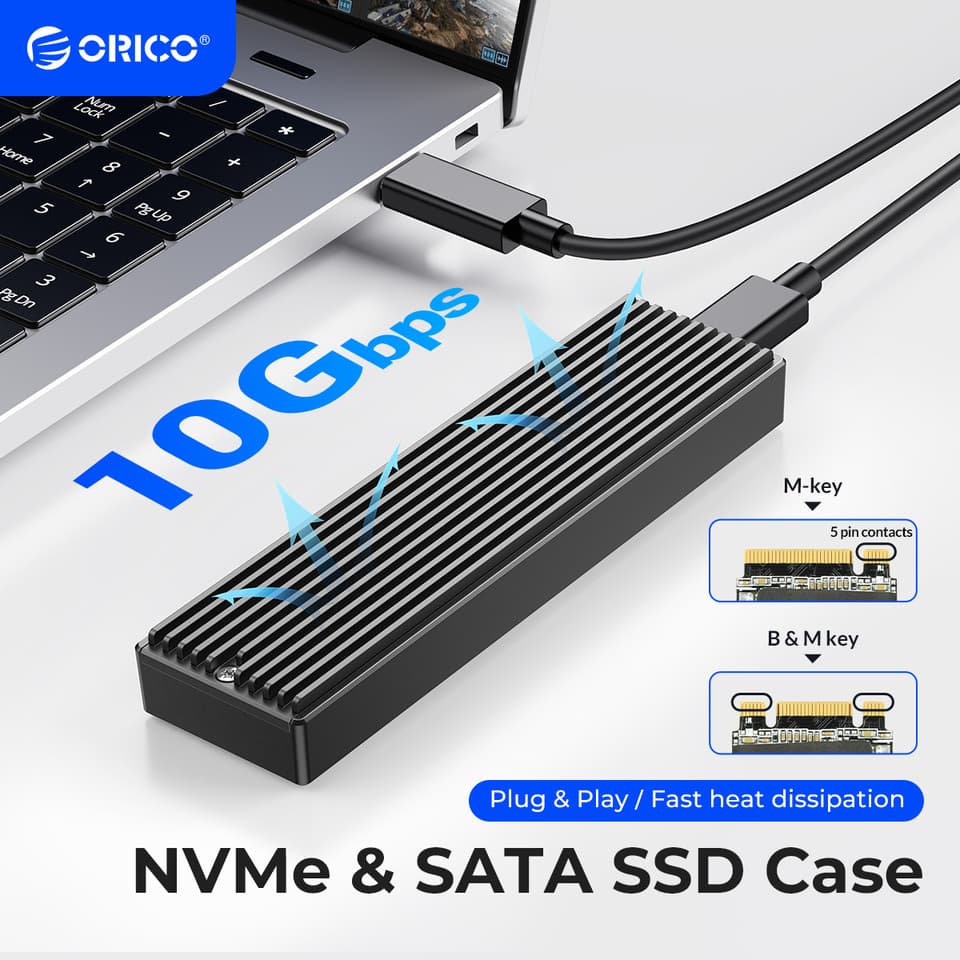 M.2 NVMe enclosure, 10Gbps USB-C Gen2 for PCIe SSDs, also supports 5Gbps SATA NGFF drives.