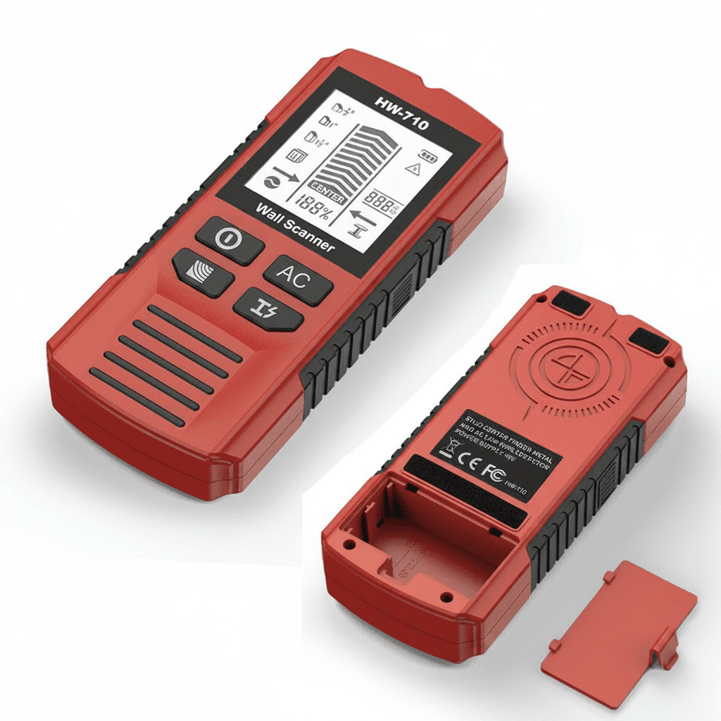 6-in-1 Wall Stud Finder, a black and orange device.