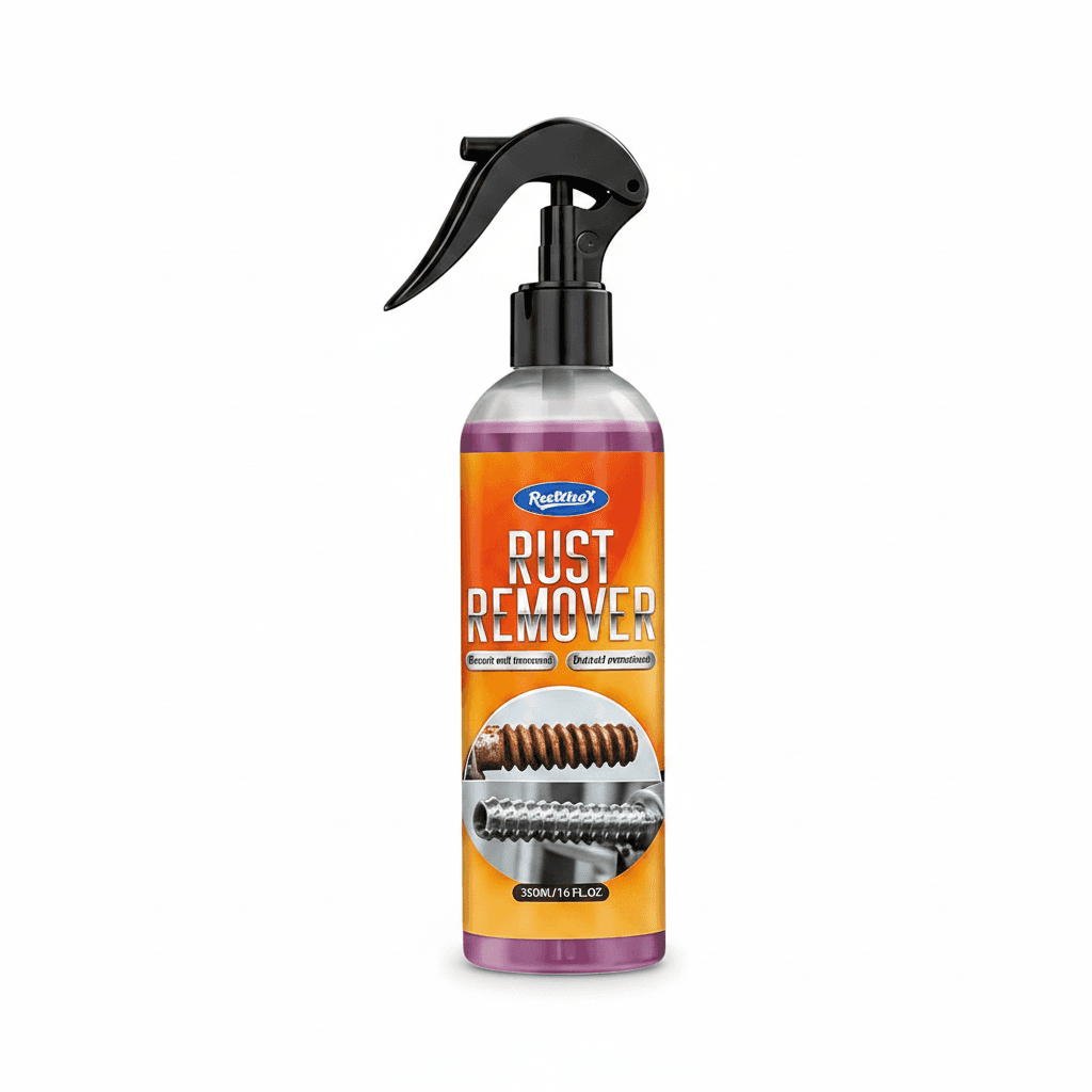 Rust Remover Spray bottle, white with red and black label, standing upright.