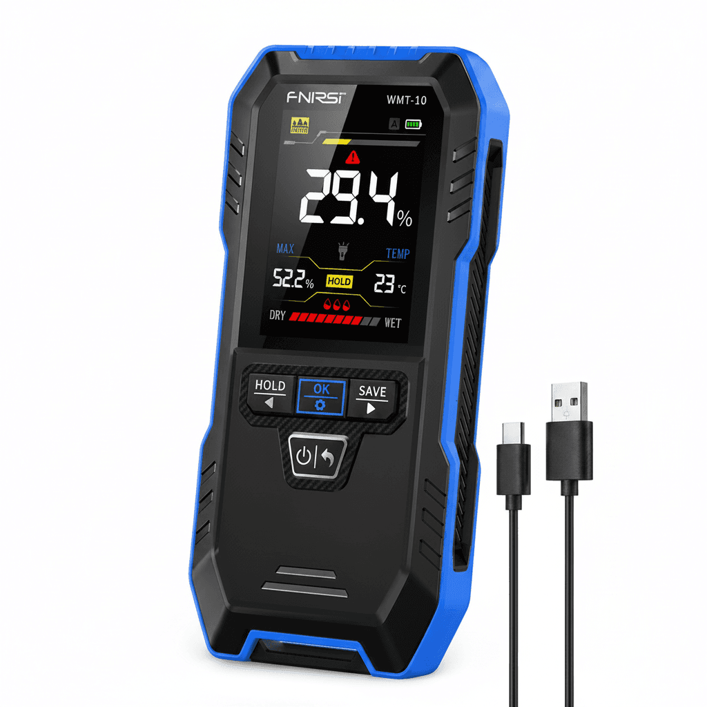 Rechargeable Pinless Wood Moisture Meter WMT-10, front view.