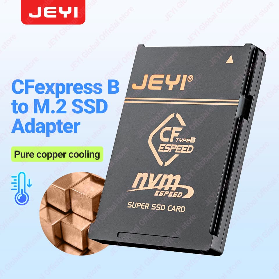 JEYI 2230 M.2 NVMe SSD to CFexpress card Type-B adapter, pure copper for Nikon/Canon cameras.