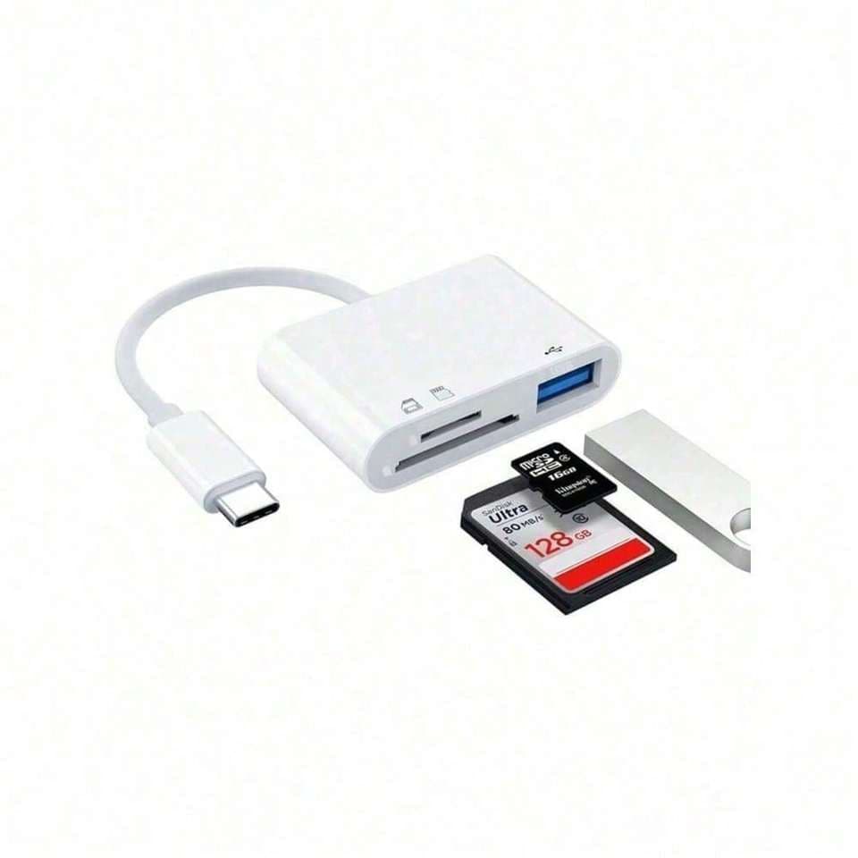 A versatile 3-in-1 USB-C memory card reader adapter, compatible with iPad Pro and other USB-C devices.