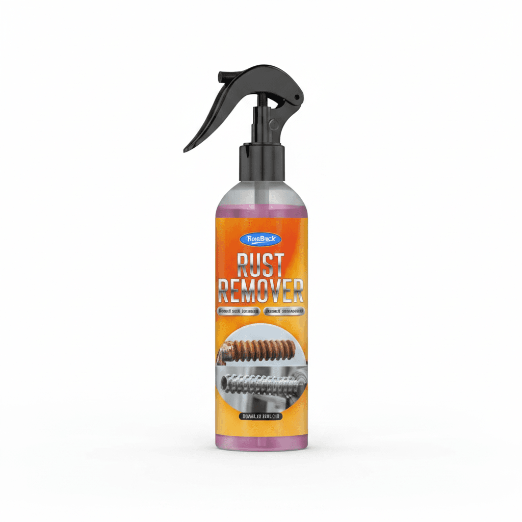 Car Rust Converter Spray bottle, white with red and black label.