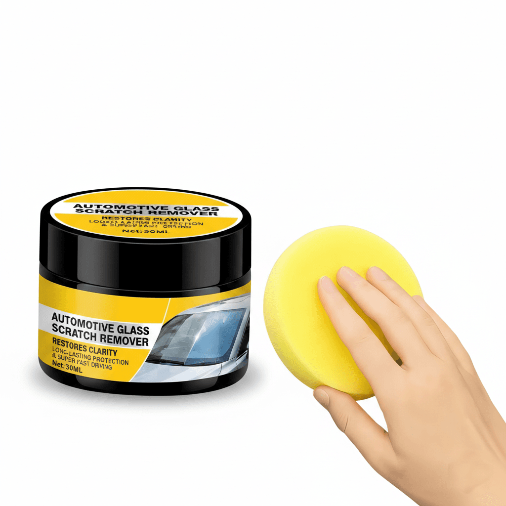 A tube of car glass polishing compound and a sponge, ready to restore clarity to a windshield or mirror.