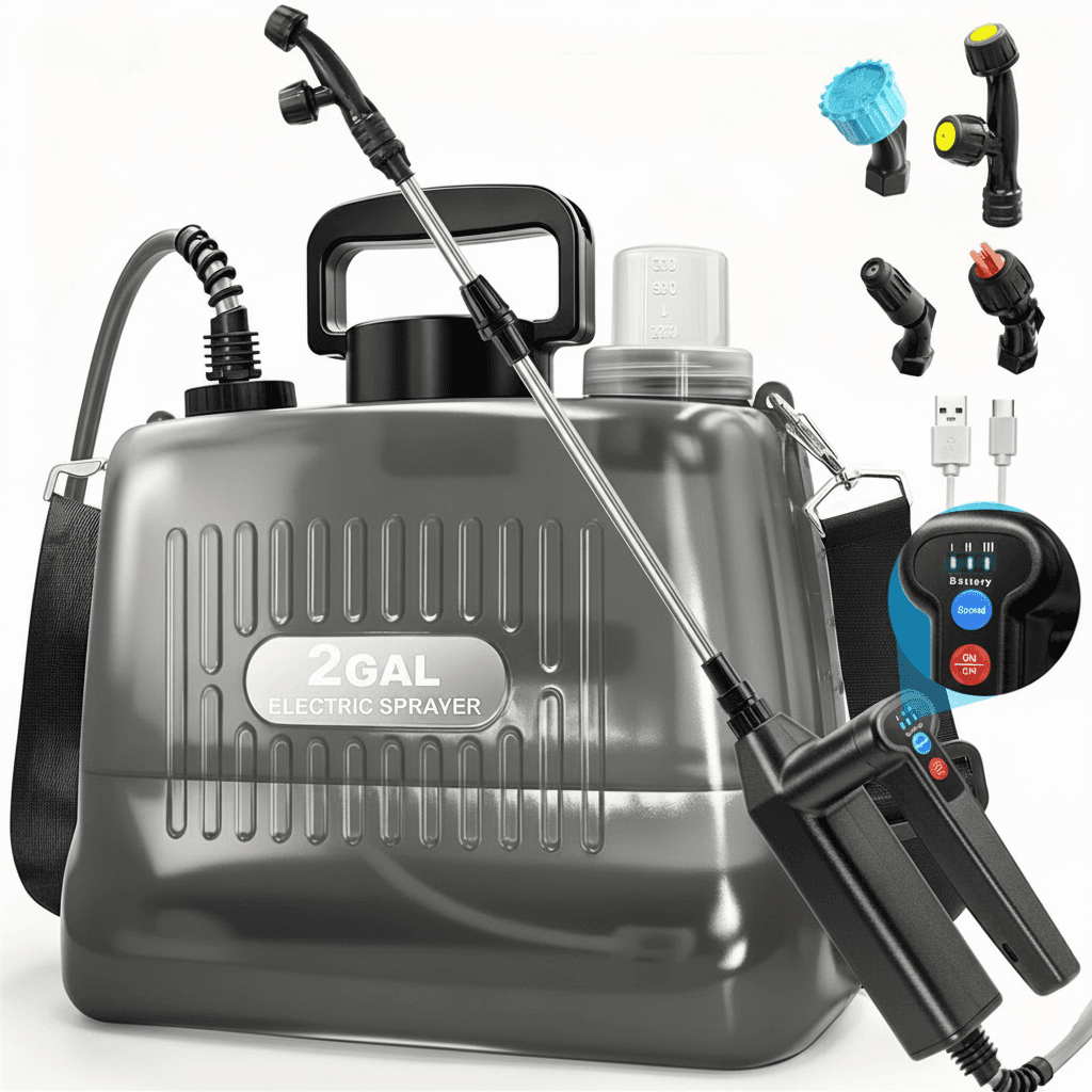 2 Gallon Knapsack Sprayer, a blue and white sprayer with a black strap.