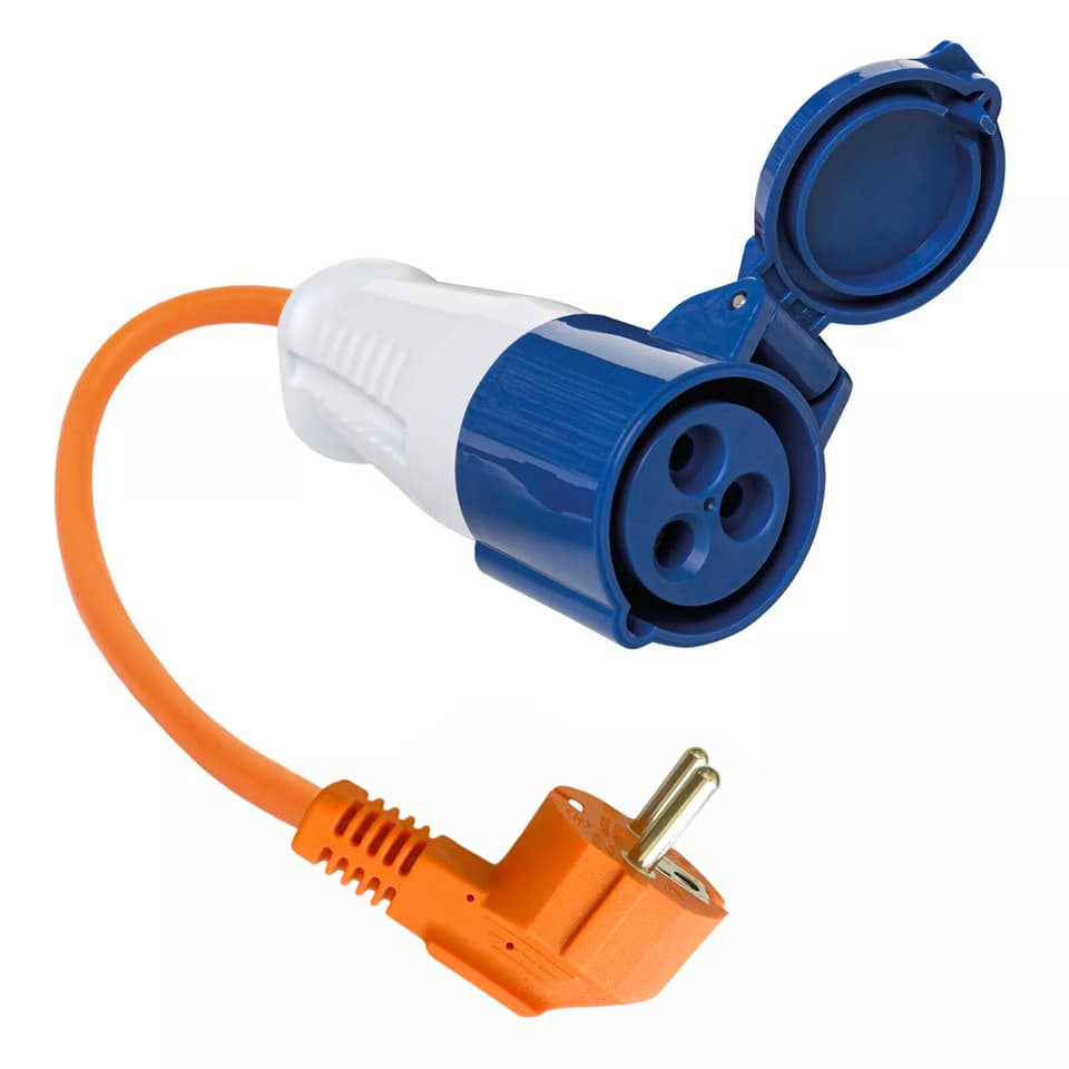 Caravan hook-up lead with a 13A plug and a 16A extension lead socket for motorhome power.