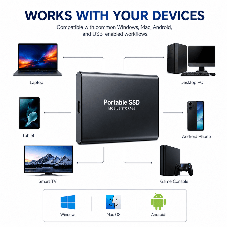 Compact 2TB fast portable hard drive docking station with USB Type-C for high-speed storage.