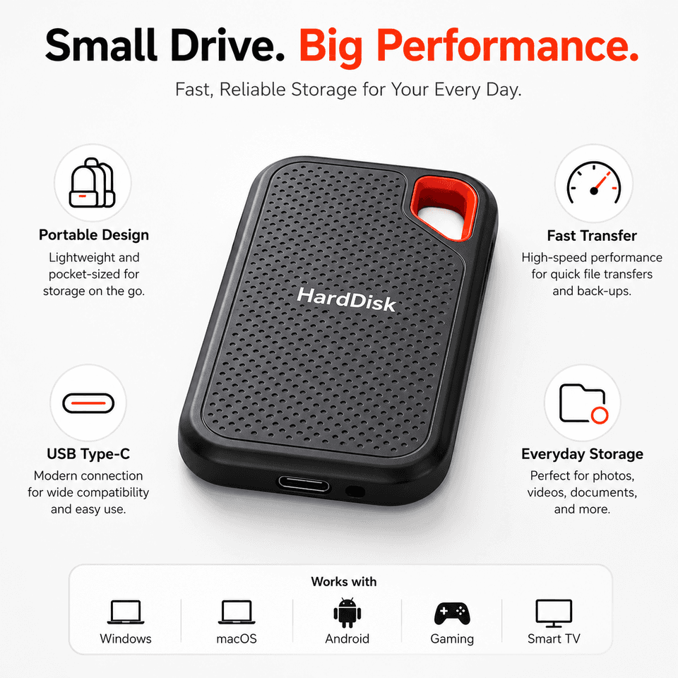 Durable 1TB portable external SSD, USB 3.1 high-speed storage for laptops and PCs, functions like a hard drive docking station.