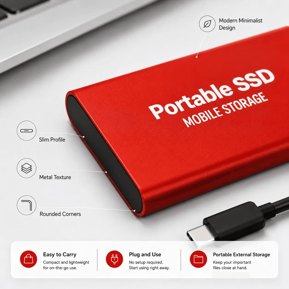Compact 1TB external SSD, USB 3.0 Type-C, offering fast plug-and-play storage, perfect as a hard drive docking station.