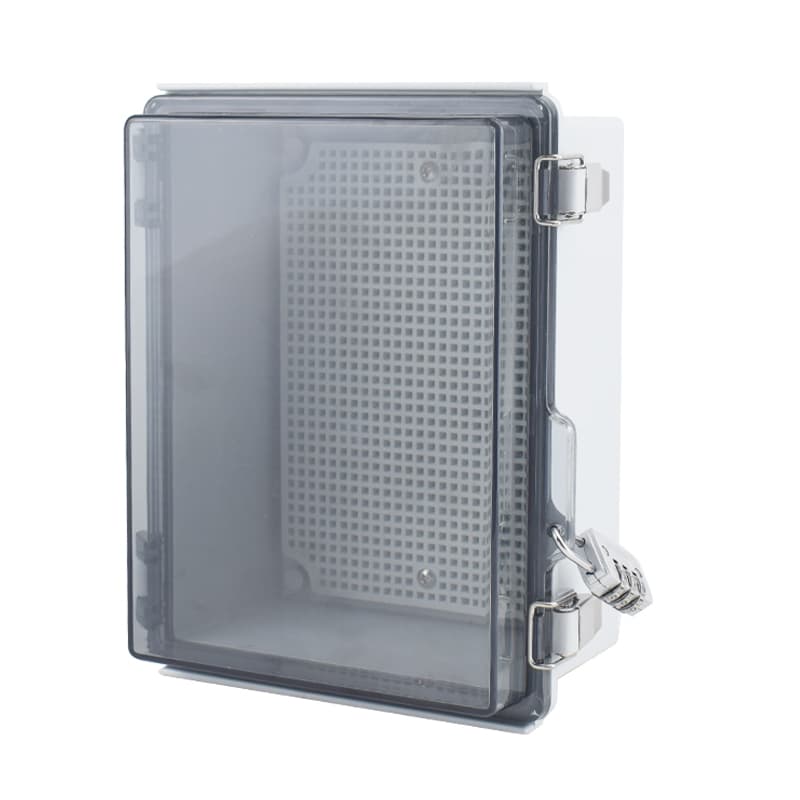 An IP67 waterproof power distribution box with a transparent cover, made of ABS plastic for outdoor use.
