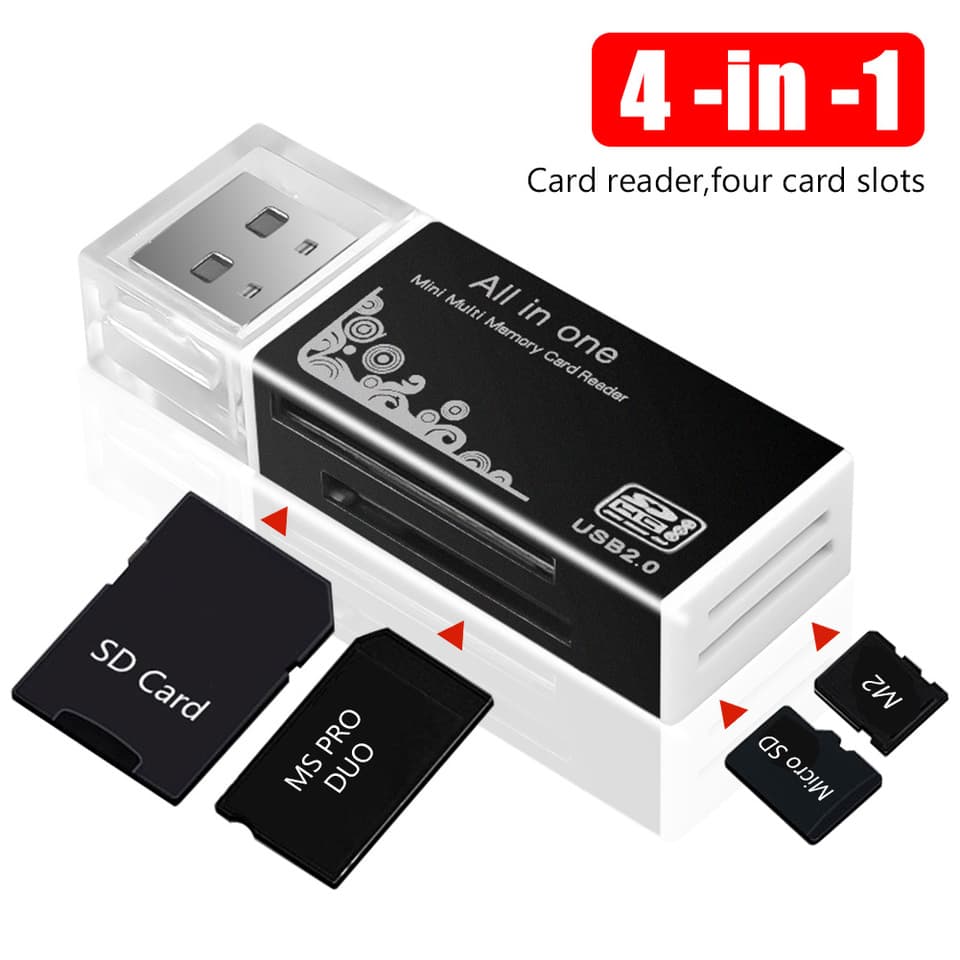 A 4-in-1 USB 2.0 memory card reader, compatible with Micro SD, MS, and M2 cards, in a studio setting.