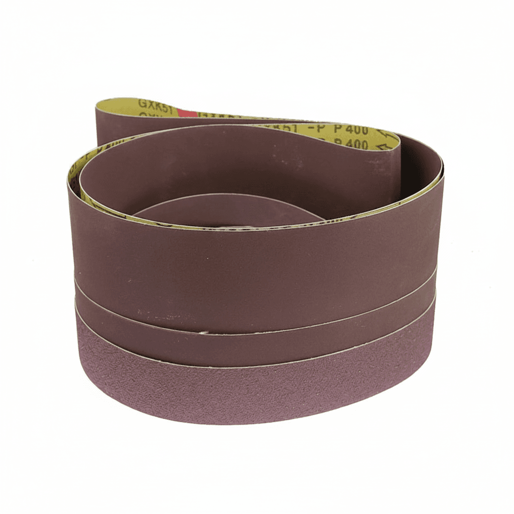 Assortment of abrasive sanding belts for wood, soft metal, and plastic, ranging from coarse to fine.