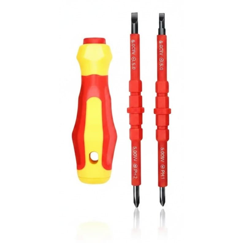 3 in 1 insulated screwdriver set with PH1 and PH2 bits, slotted head, and multi-purpose handle for electricians and DIY tasks.