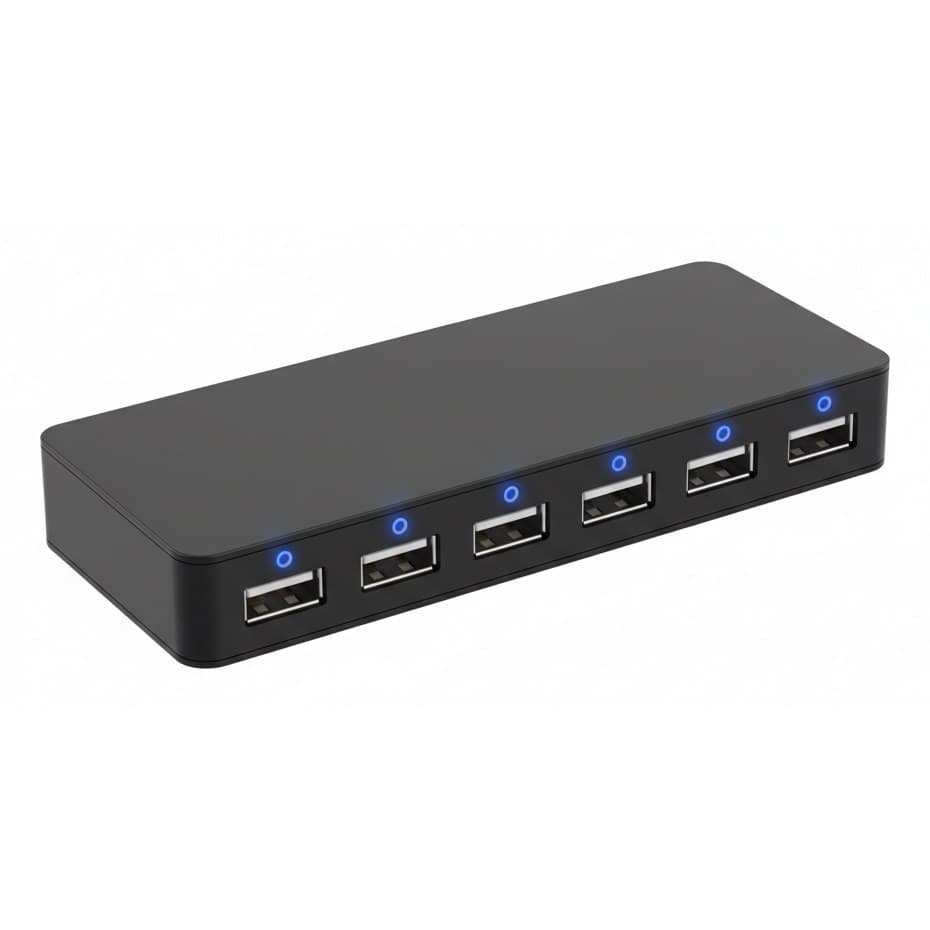 High Speed 7-Port USB 2.0 Hub with individual LED lamp switches for PC and laptop, compact black multi-port extender and splitter.