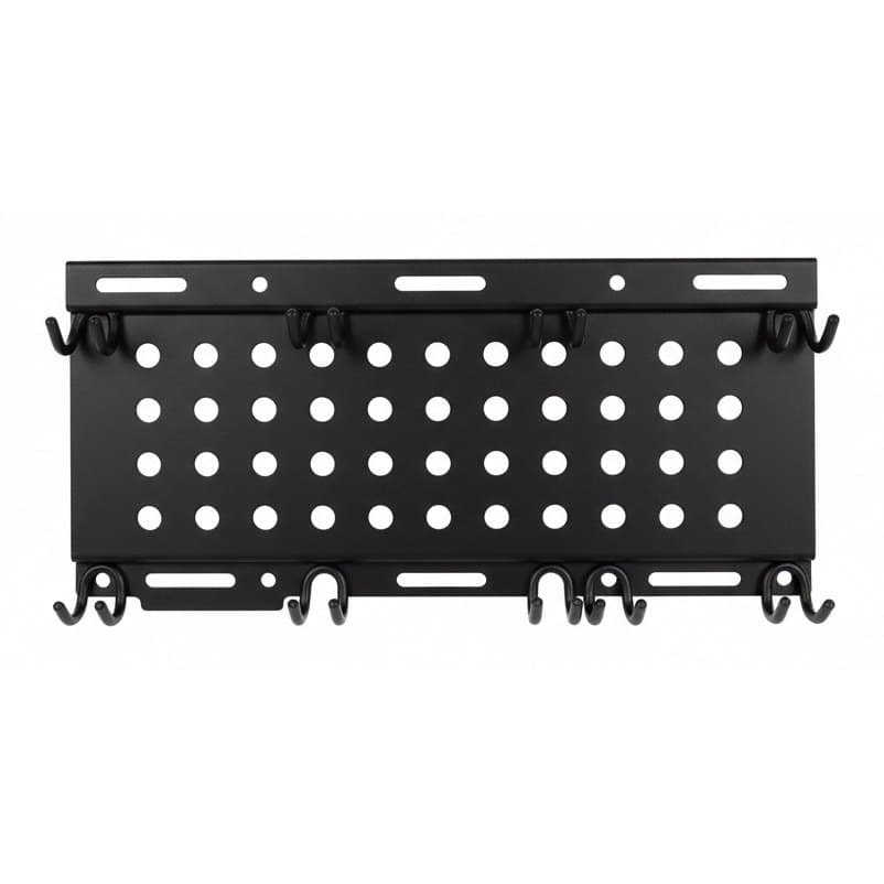 Stainless steel multifunctional tool holder with hooks and portable tie straps for hanging and organizing power tools.