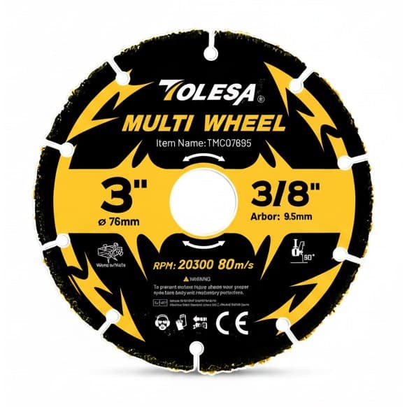 TOLESA 3-inch carbide cutting disc set for angle grinders, designed to cut wood, laminate, plastic, and wood with nails.