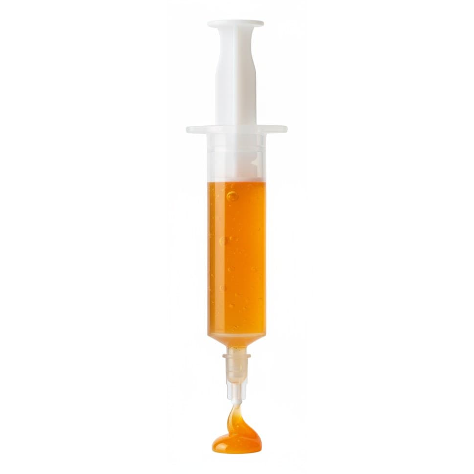 A syringe of halogen-free solder flux paste for PCB rework.