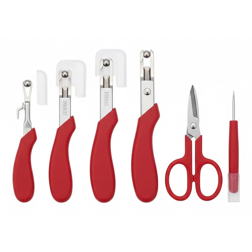 Red sewing seam ripper kit with 1, 2, or 6 pieces, including a stitch unpicker, thread cutter scissor, and seam ripper for precise thread removal.