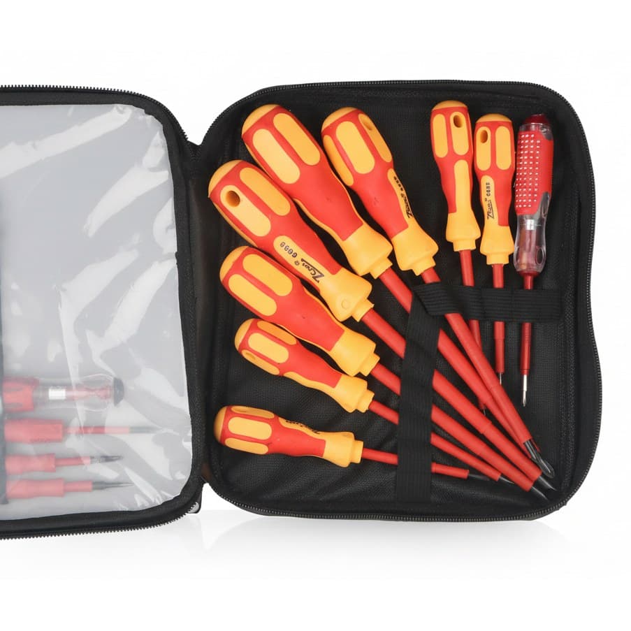 Insulated magnetic screwdriver set with Phillips and slotted bits for electricians, featuring a durable case and multifunctional handle.