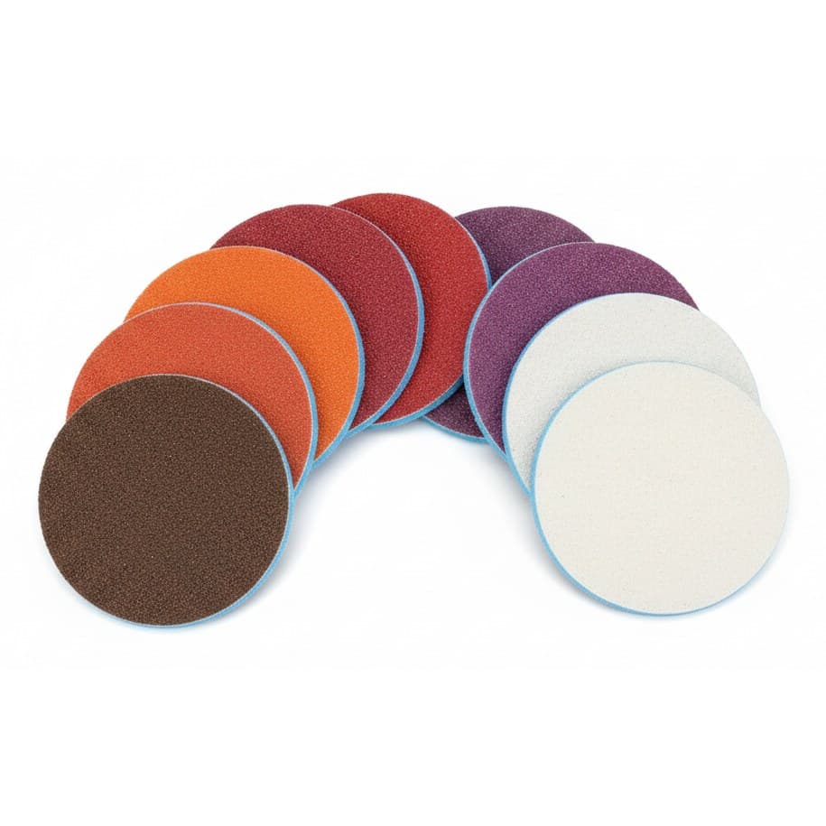 10-piece set of 5-inch foam-backed sanding discs with flocking, featuring grits from 180 to 3000 for wet or dry grinding and polishing.