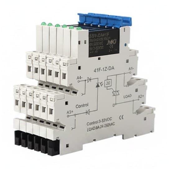 DC control AC 6A slim interface solid state relay module mounted on a DIN rail, model 41F-1Z-C2, for industrial electrical control.