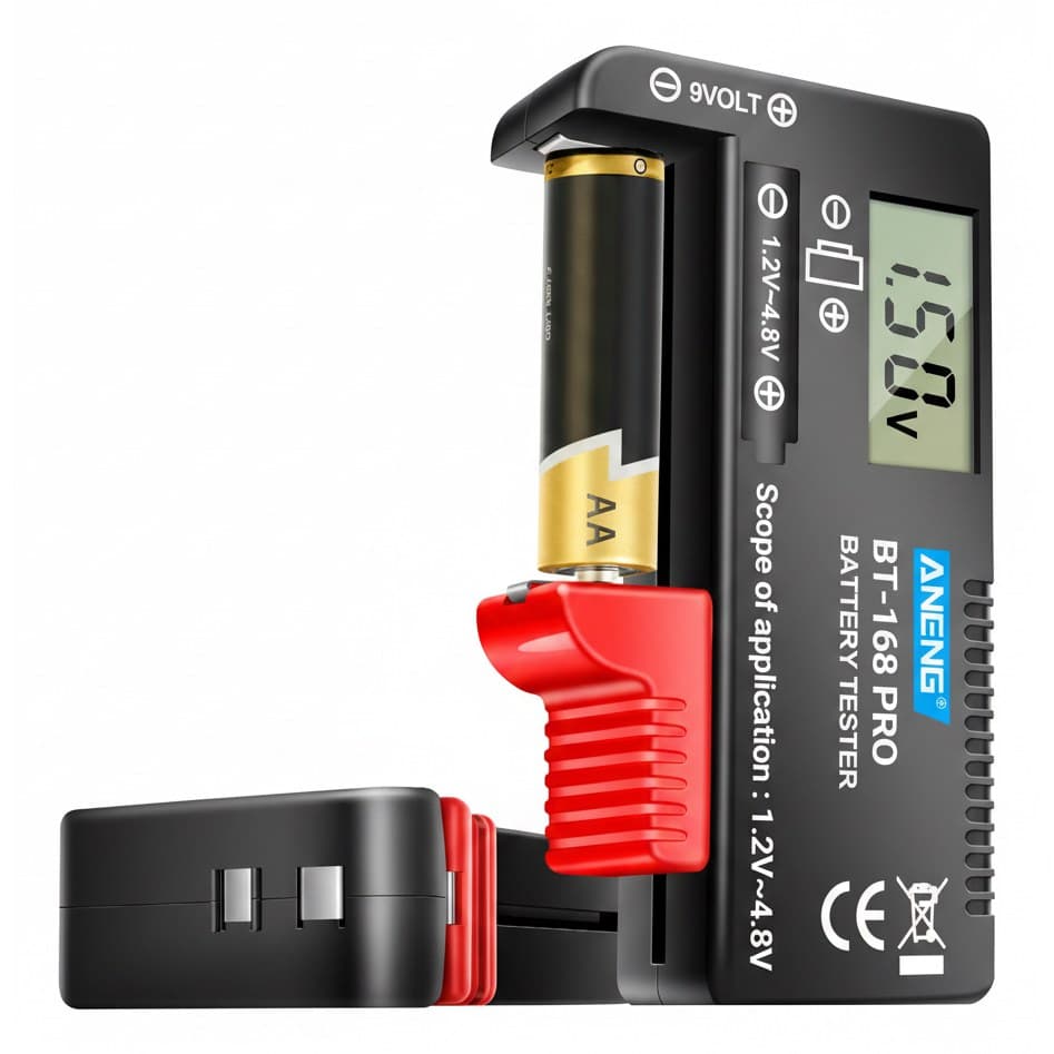 ANENG BT-168 PRO digital battery tester, a universal capacity checker for 9V, AA, AAA, and button cell batteries on a dark background.
