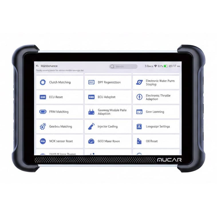The MUCAR 892BT AI automotive diagnostic tool, a powerful bi-directional OBD2 scanner for ECU coding and key programming, compatible with a spark plug gap tool.