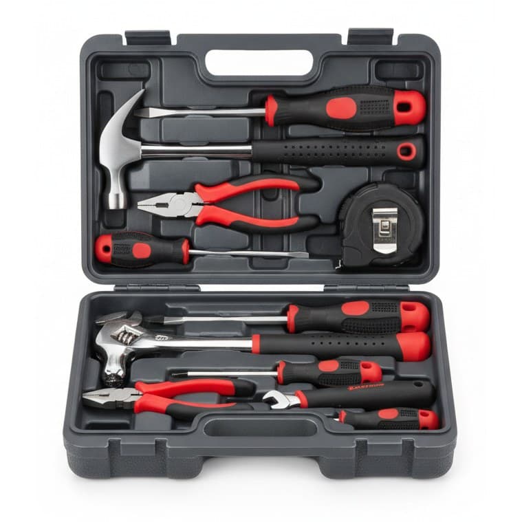 13-Piece Household Hand Tool Kit with plastic storage case, including wrenches, pliers, screwdrivers, and hammer for car and home repair.