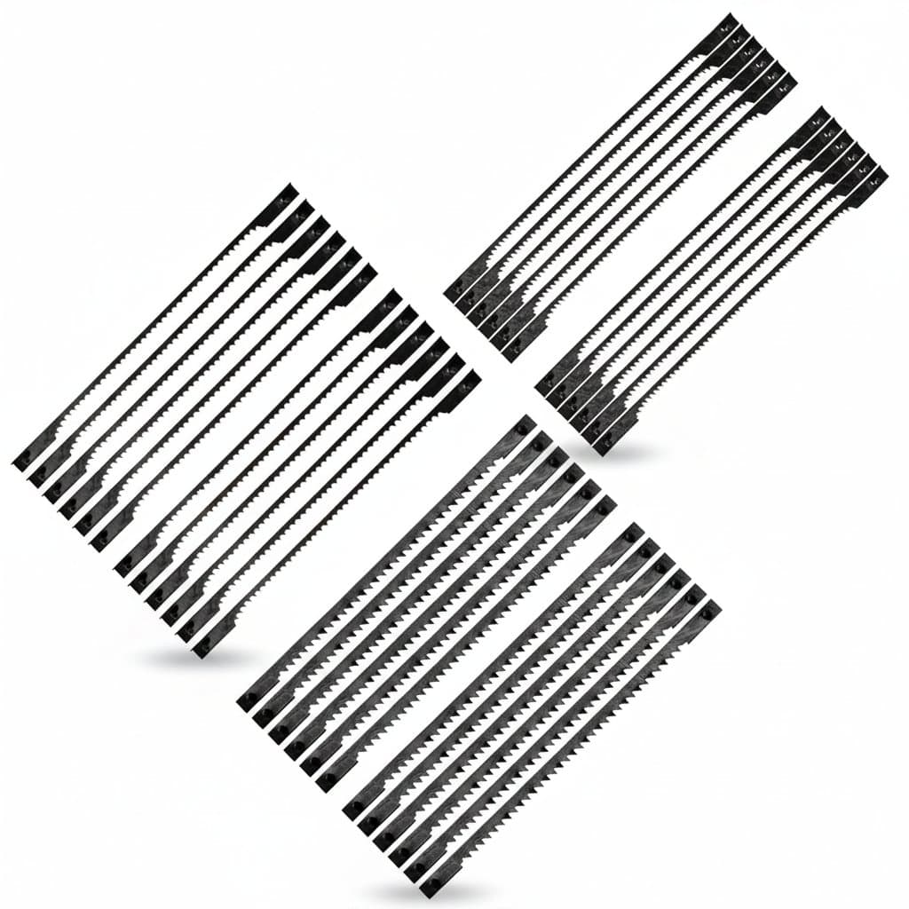 36-pack of 3-inch scroll saw blades with pin ends for woodworking, featuring 15, 18, and 24 TPI patterns for Delta, Dremel, Emco, and Lux saws.