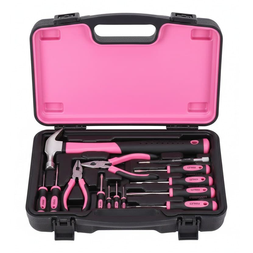 Hi-Spec 18-piece Pink DIY Tool Kit with electric pen, CR-V steel hand tools for home maintenance and car care, presented in a durable case.
