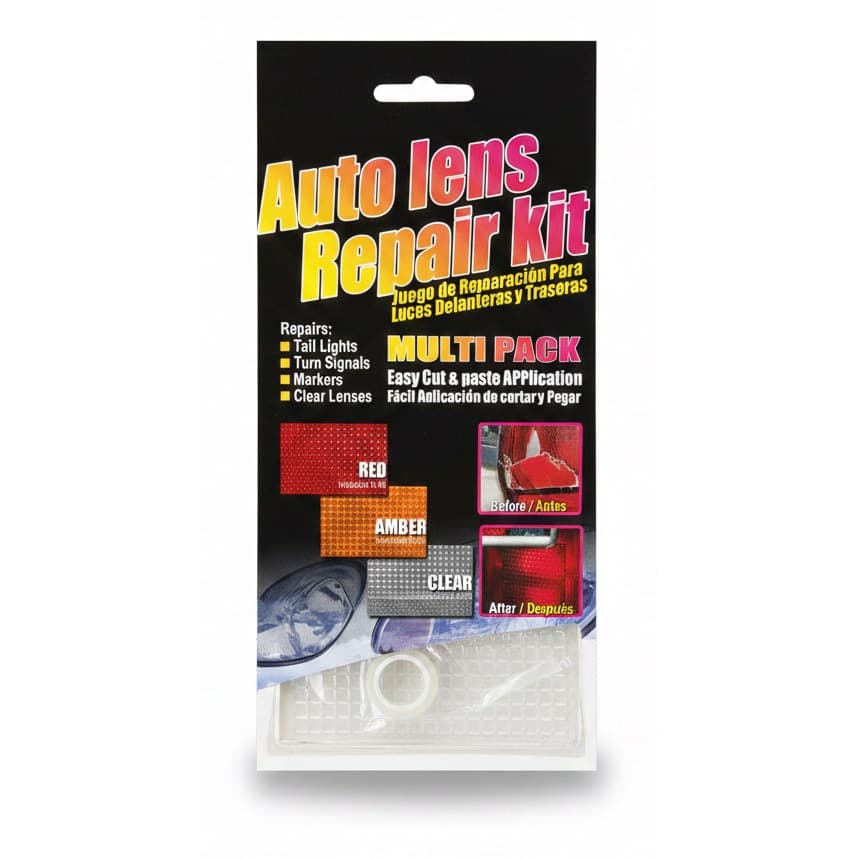 Auto Lens Repair Kit Multi-Pack with 3 films for headlight and taillight crack repair, includes red and amber tints plus application tools.