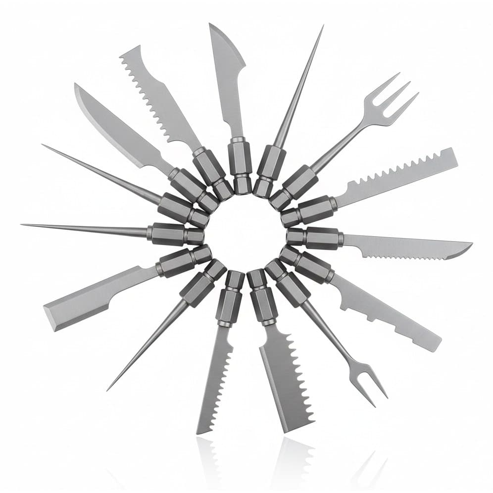 TOLESA 16-piece extra-long titanium oscillating saw blade kit for metal, wood, and plastic, with universal quick-release tool.