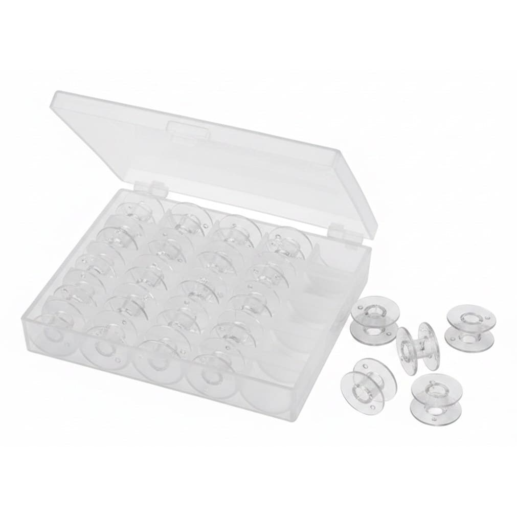 25 clear plastic sewing machine bobbins with storage box, perfect for organizing home sewing accessories and tools.