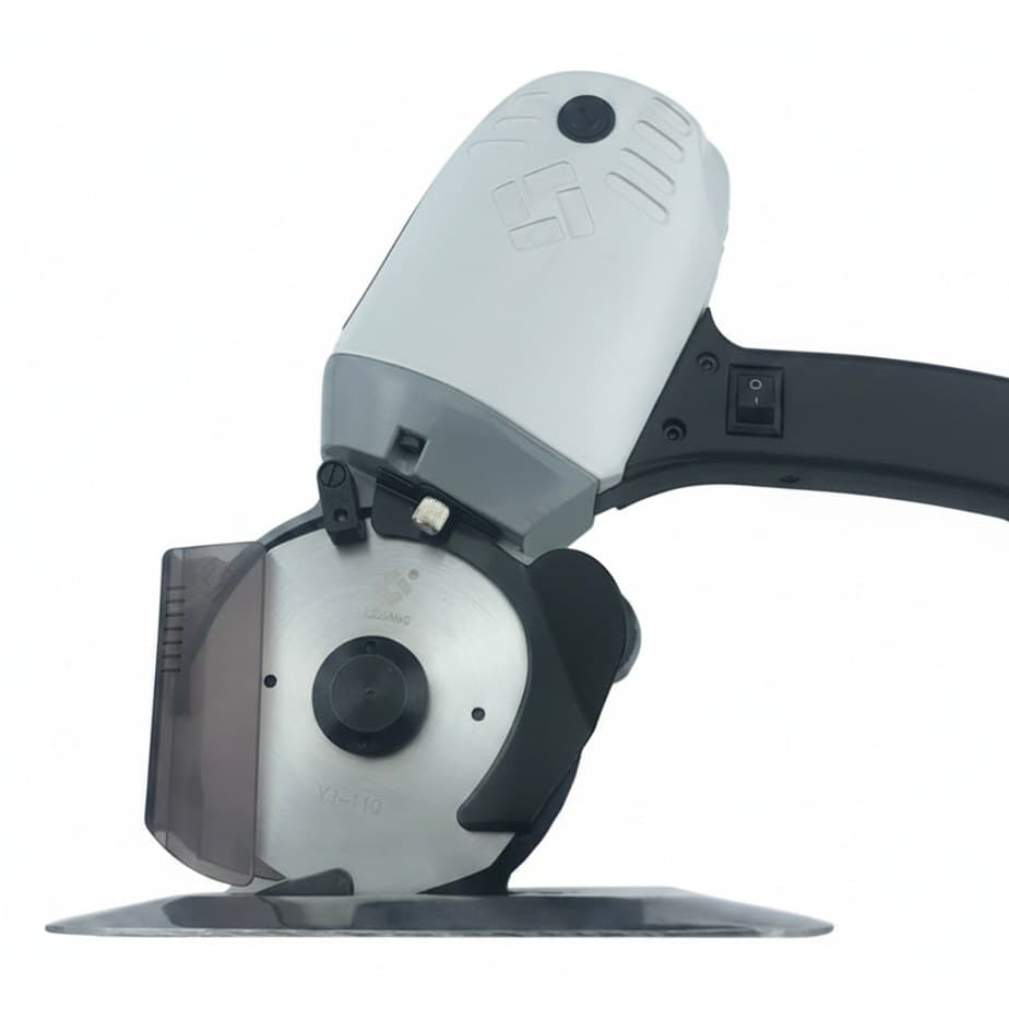 Lejiang YJ-110C Hand Push Electric Cloth Slitting Machine with round knife and safety guard for precise fabric cutting.