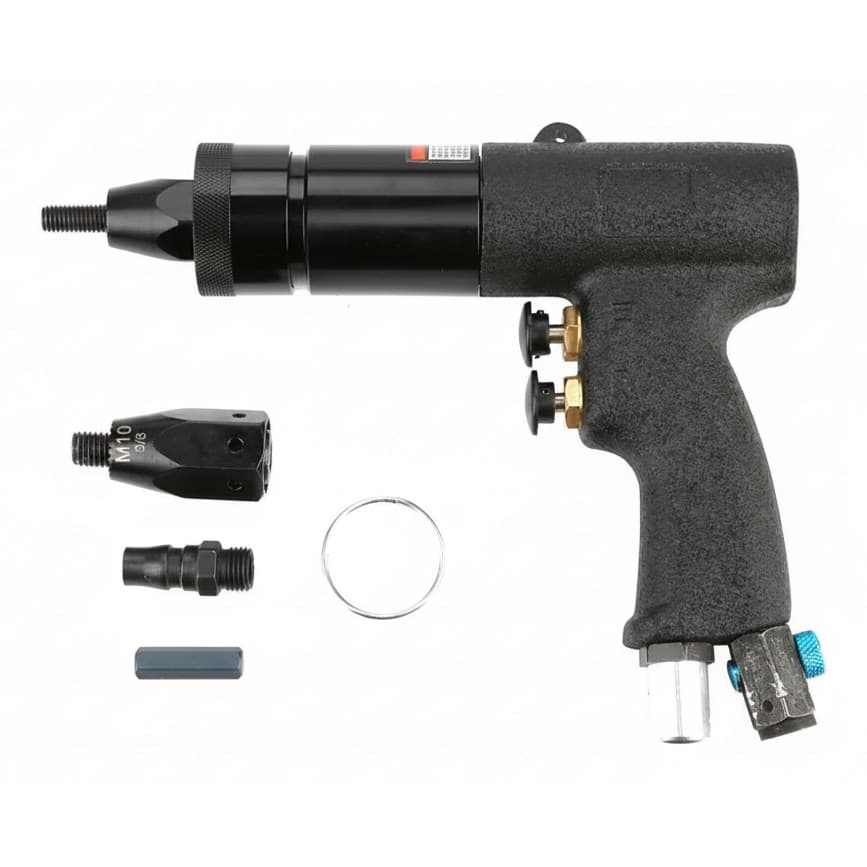 Professional pneumatic riveting gun with ergonomic grip and self-locking design for metal plate and pipe riveting.