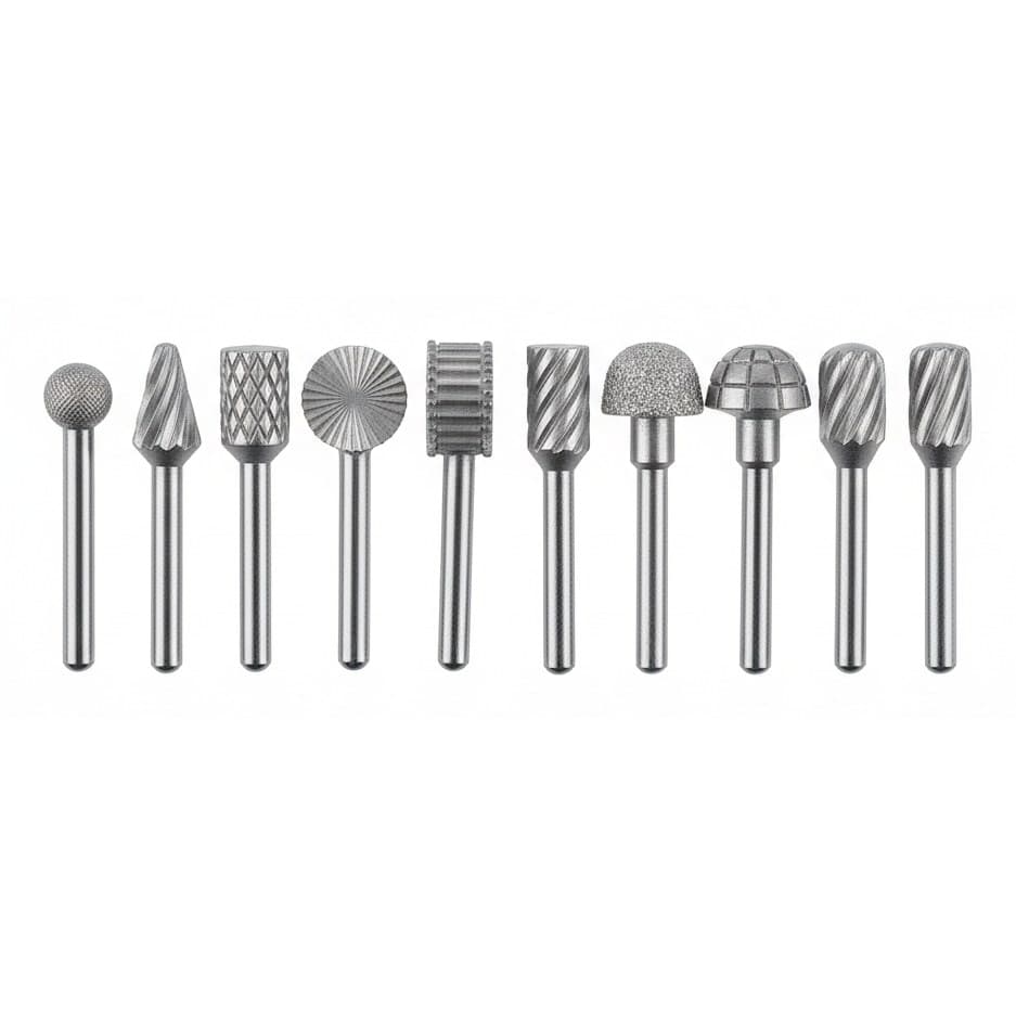10-piece carbide burr set for Dremel rotary tools, featuring 1/8 inch shank bits for grinding, carving, and deburring metal, wood, and plastic.