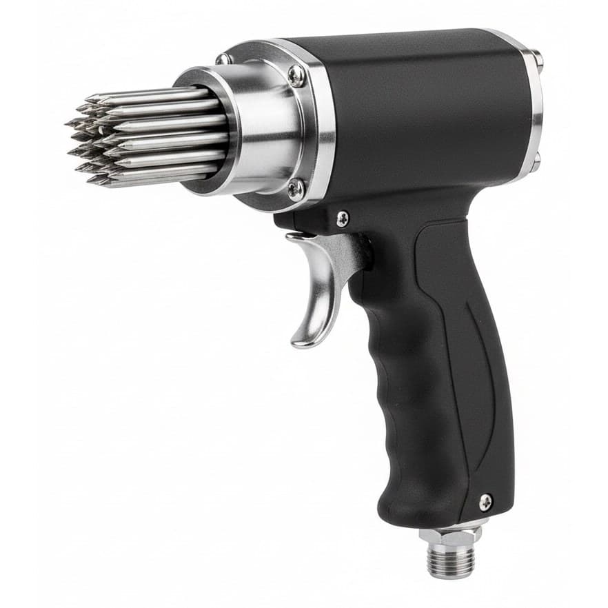 19-pin air descaler needle scaler kit mounted in a durable metal case, designed to fit air chisels and remove paint, rust, and slag.