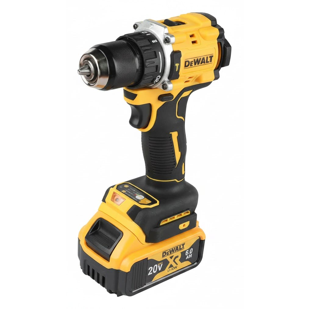 DEWALT DCD805 20V Max Lithium-Ion Brushless Compact Drill Driver with battery and charger, shown on a workbench.