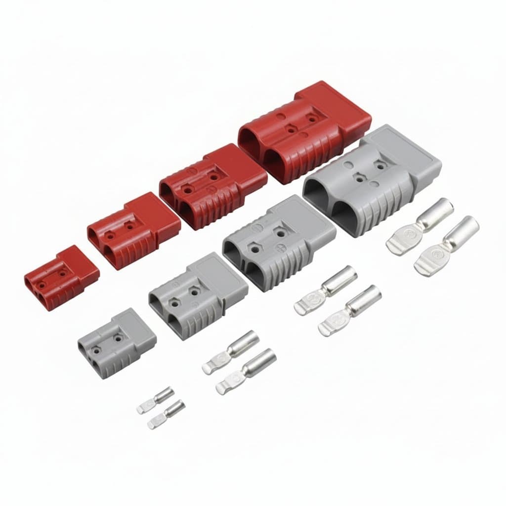 Anderson 50A to 600A Power Connector Kit with red and black quick-connect plugs and cable terminals for high-current battery charging.