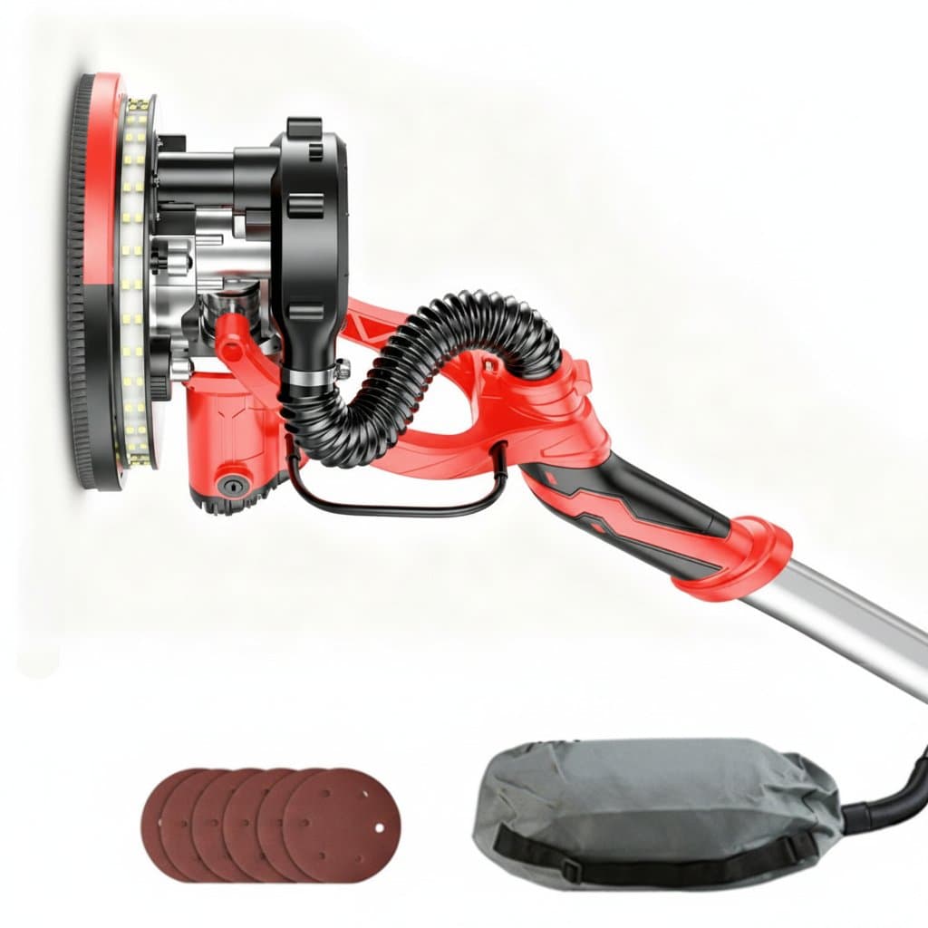 220V 800W/850W drywall sander pole with LED light, dust collection bag, and sandpaper for putty grinding and polishing.