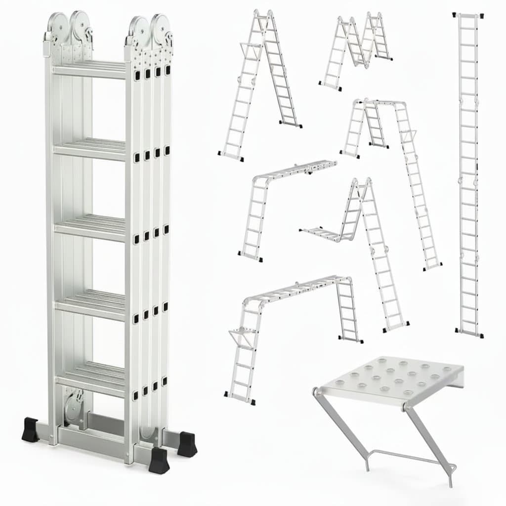 Multi-purpose aluminum folding ladder with 7-in-1 heavy-duty combination configurations, meeting EN 131 safety standards.
