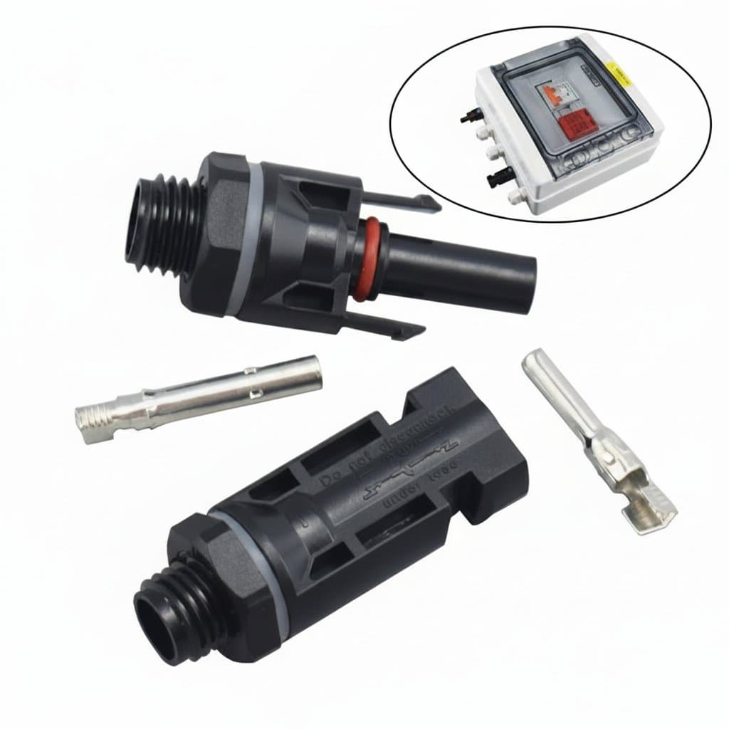 Solar Photovoltaic Connector pair with M12 thread, waterproof plug, and crimping tool for 1000V 30A inverter installations.