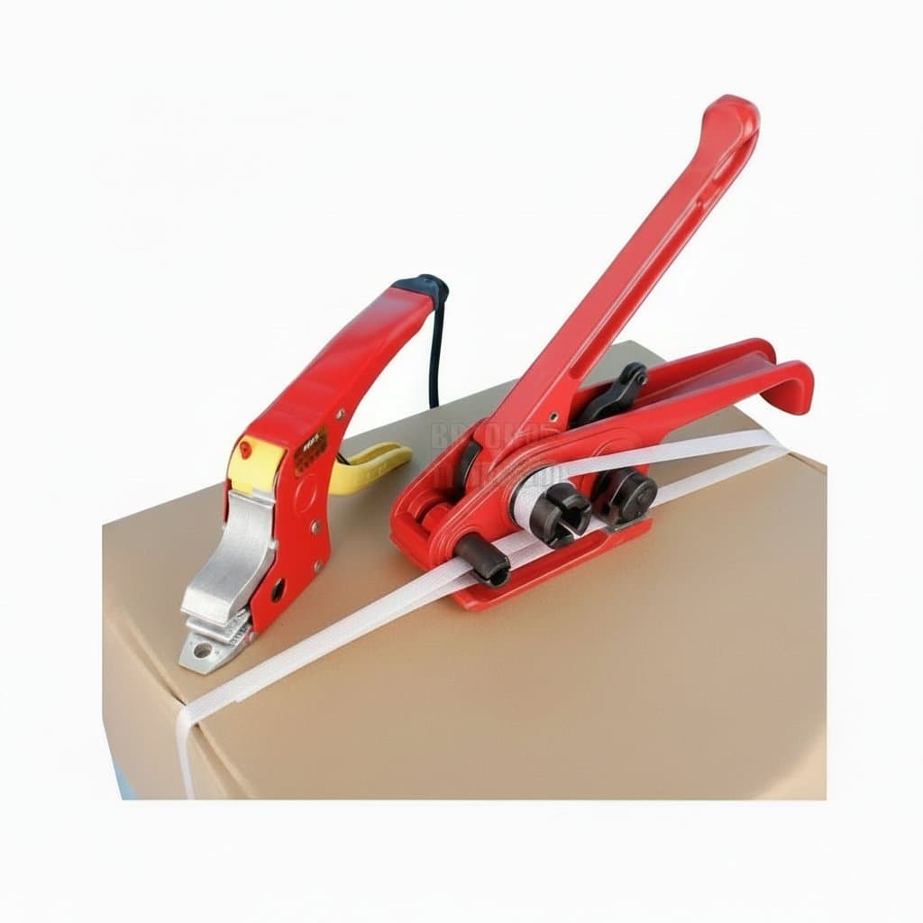 Handheld manual carton strapping machine with sealless tensioner and electric welder for secure box banding