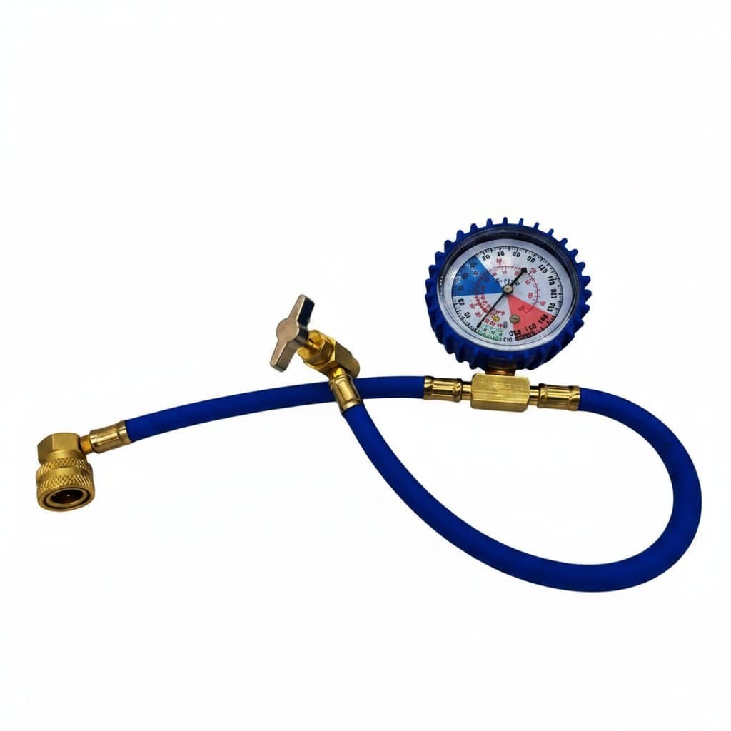 A comprehensive car AC recharge kit for R134A refrigerant, including gauges and a durable hose.