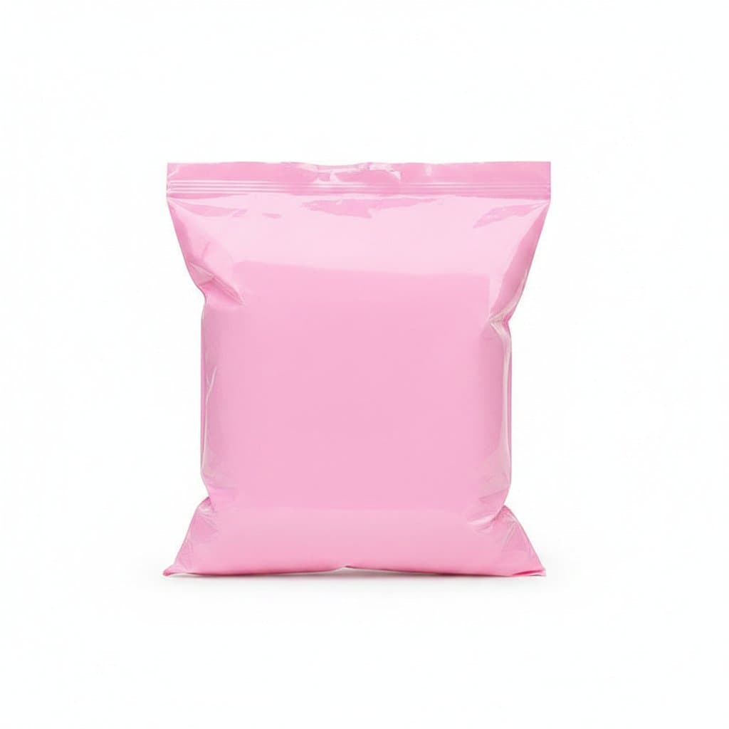 Hands opening a pink plastic mailing bag on a white background.