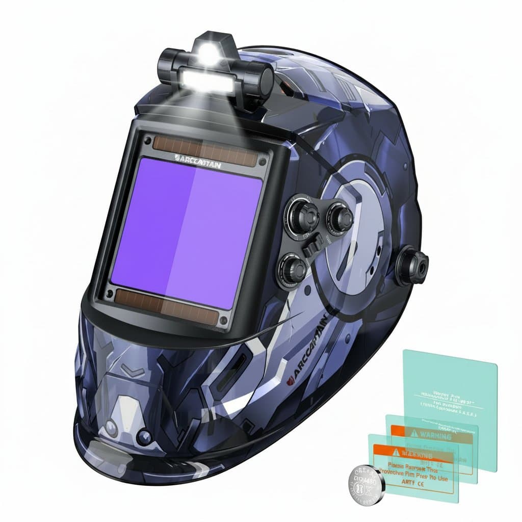 ARCCAPTAIN auto darkening welding helmet with large viewing lens, true color clarity, and four arc sensors for professional welding safety.